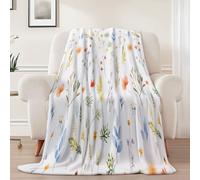 Flannel Blanket for All Seasons 100 x 140cm - Delicate Wildflowers Leaves Print Light Warm Fleece Blankets Baby Size, White Super Soft Throw Blanket for Sofas Bed Couch Chair