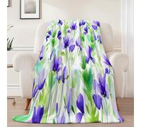 Flannel Blanket for All Seasons 100 x 140cm - Exquisite Wildflowers Petals Print Light Warm Fleece Blankets Baby Size, Purple Green Super Soft Throw Blanket for Sofas Bed Couch Chair