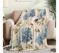Flannel Blanket for All Seasons 127 x 152cm - Vintage Classic Wildflowers Print Light Warm Fleece Blankets Single Size, Cream Super Soft Throw Blanket for Sofas Bed Couch Chair