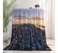 Flannel Blanket for Sofa, 100×130 cm Soft Fluffy Blue Sofa Blanket with Decorative Modern Sunset Landscape Architecture Pattern for All Season, Warm and Lightweight