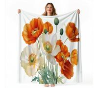 Flannel Blanket Minimalist Floral Poppy Single Size, Light & Warm Blankets, Super Soft Throw for Sofas Bed, Couch and Chair, Comfort for All Seasons White