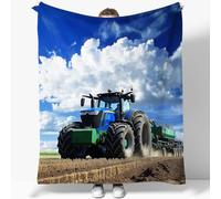 Flannel Blanket Modern Farm Tractor Pattern Double Size 150 x 200 cm, Light & Warm, Super Soft Throw for Sofas Bed, Couch and Chair, Comfort for All Seasons Blue Green