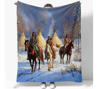 Flannel Blanket Oil Painting Native Americans pattern Single Size 127 x 152 cm, Light & Warm Blankets, Super Soft Throw for Sofas Bed, Couch and Chair, Comfort for All Seasons Colorful
