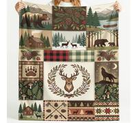 Flannel Blanket Soft Microfiber Comfortable Forest Patchwork Cabin Bear Deer Silhouette Pine Cone Checkered Fluffy Cozy Blanket Warm Sofa Blanket 52in × 59in Suitable For Beds Throw Blanket