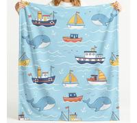 Flannel Blanket Soft Microfiber Comfortable Nautical Playful Boat Whale Wave Story Pattern Fluffy Cozy Blanket Warm Sofa Blanket 59in × 71in Suitable For Beds Throw Blanket