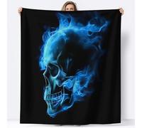 Flannel Blanket Surrealism Blue Fire Skull Warm Soft Cosy Flannel Sherpa Blankets, Black Fleece Throw Plush Blanket Adults Sofa Bed Couch Blankets 150 x 200 cm