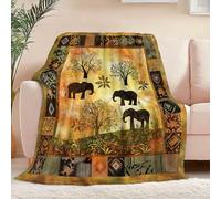 Flannel Blanket Traditional Africa Elephants pattern King Size 180 x 200 cm, Light & Warm Blankets, Super Soft Blanket Throw for Sofas Bed, Couch and Chair, Comfort for All Seasons, Brown Green