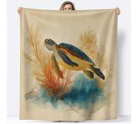 Flannel Blanket Watercolor Turtle Coral Warm Soft Cosy Flannel Sherpa Blankets, Beige Fleece Throw Plush Blanket, for Adults Sofa Bed Couch Blankets 180 x 220 cm