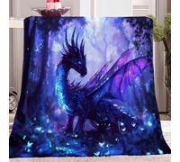 Flannel Blankets Double Size 150 x 200 cm, Fantasy Anime Dragon Print Flannel Blanket Throw Warm Soft Fluffy Cozy Anti-pilling Throw for Adults Kids Decorative Blanket Gifts Blue Purple