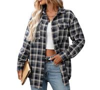 Flannel Checked Shirts Womens Classic Long Sleeve Plaid Shirt Blouse V Neck Button Down Ladies Regular-Fit Checked Shirt with Pocket Office Business Wine Navy Soft Homewear T-Shirt L XL XXL 3XL 4XL