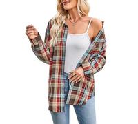 Flannel Checked Shirts Womens Classic Long Sleeve Plaid Shirt Blouse V Neck Button Down Ladies Regular-Fit Checked Shirt with Pocket Office Business Wine Navy Soft Homewear T-Shirt L XL XXL 3XL 4XL