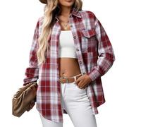 Flannel Checked Shirts Womens Classic Long Sleeve Plaid Shirt Blouse V Neck Button Down Ladies Regular-Fit Checked Shirt with Pocket Office Business Wine Navy Soft Homewear T-Shirt L XL XXL 3XL 4XL