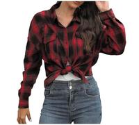 Flannel Checked Shirts Womens Classic Long Sleeve Plaid Shirt Blouse V Neck Button Down Ladies Regular-Fit Checked Shirt with Pocket Office Business Wine Navy Soft Homewear T-Shirt L XL XXL 3XL 4XL