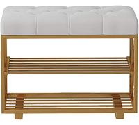 Flannel Cushion Shoe Bench - Double Layer Storage Rack & Ottoman Stylish Wrought Iron Frame Perfect Entryway Shoe& Bed End Seating Solution
