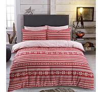 Flannel Duvet Cover Set Single Bed with Pillowcase Quilt Reversible Printed Brushed Cotton, Fairisle Red