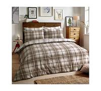 Flannel Duvet Cover Set Single Bed with Pillowcase Quilt Reversible Printed Brushed Cotton, Tartan Natural