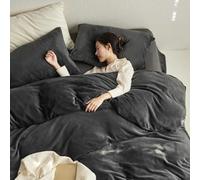Flannel Duvet Cover Set4 Pieces (Fluffy Comforter Cover Flat Sheet 2 Pillowcases) Cozy Soft Bedding for Queen/King Size All Seasons Solid Black Color.