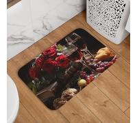 Flannel Entry Mat Red Roses And Red Wine Dirt Trapper Rug Stylish Doormats For Bathroom Back Door Decor 60X40Cm