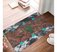 Flannel Entry Mat Western Cowhide Tooled Leather Teal Cactus Dirt Trapper Welcome Mat Soft Entry Rug For Back Door Patios Bedroom 60X40Cm