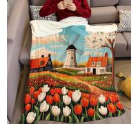 Flannel Fleece Blanket 150 x 200 cm Dutch windmills and tulips Soft Warm Reversible Lightweight Cozy Sofa Couch Chair Bed Throw for Adults Kids