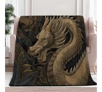 Flannel Fleece Blanket 180 x 200 cm Fantasy Style Golden Dragon Throw Blanket, Black Microfiber Fluffy Comfortable Soft Blankets - Living Room Bedroom Sofa Cover Office Nap Blankets