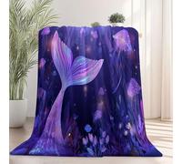 Flannel Fleece Blanket for Bed, 150 x 200 cm Super Soft Cosy Warm Throw Blanket Dark Purple Decorative Throws for Sofa Bed Lightweight Fluffy Throw Dreamy Mermaid Tail Jellyfish