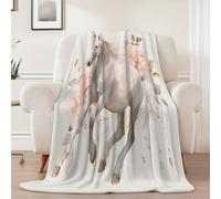 Flannel Fleece Blanket for Bed, 180 x 200 cm Super Soft Cosy Warm Throw Blanket Cream Decorative Throws for Sofa Bed Lightweight Fluffy Throw Animals Horses Flowers