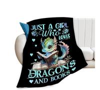 Flannel Fleece Blanket Just A Girl Who Love Dragons and Book Dragons Gifts for Girls Boys Woman Kids Read Lover Soft Warm Plush for Bed Sofa Couch Throw Blank Blankets