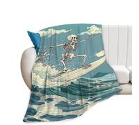 Flannel Fleece Blanket Surfing Skeleton Super Soft Warm Funny Skull Cozy Fuzzy Plush Bedding Gift for Boys Girls Teens Adults Couch Sofa Throw Blankets