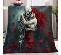 Flannel Fleece Lightweight Cozy Bed Soft Fantasy Gothic Skulls Roses Pattern Throw Blanket Red Gray Fit Couch Sofa Single for Home Bedding Living Room Traveling Camping 127 x 152 cm