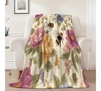 Flannel Fleece Throw Blanket 130 x 150 cm, Soft Fluffy Retro Floral Peony Bee Print Sofa Blanket for All Season - Warm Lightweight Blankets for Bed Beige Blanket for Women Mens Kids
