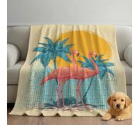 Flannel Fleece Throw Blanket 150 x 200 cm, Soft Comfortable Microfibre, Lightweight Breathable, Low-Pile Plush, All-Season Throw for Bed, Sofa & Couch, Beige, Illustration Bird Palm Trees