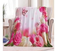Flannel Fleece Throw Blanket 180 x 200 cm Digital Art Roses Tulips Butterfly Lightweight Cozy Plush Bedspreads Blankets, Pink Soft Versatile Throw Sherpa Blanket - Aldult & Children Bed Couch
