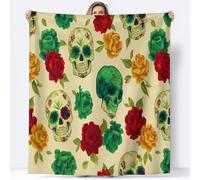 Flannel Fleece Throw Blanket 220 x 240 cm Mexican Sugar Skull Pattern Lightweight Cozy Plush Bedspreads Blankets, Beige Soft Versatile Throw Sherpa Blanket, for Aldult & Children Bed Couch
