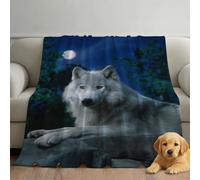 Flannel Fleece Throw Blanket - 59 x 79 in (150 x 200 cm), Soft & Warm, Lightweight Microfibre Low-Pile Plush, All-Season Throw for Bed, Sofa & Couch, Blue, Moonlight Animals Wolf