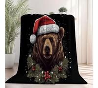 Flannel Fleece Throw Blanket for Sofa, Christmas Santa Hat Animals Soft Fluffy Bed Blanket for Boys and Girls - Black King Size Warm Sherpa Blankets for All Season 180 x 220cm