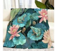 Flannel Fleece Throw Blanket Oil Painting Frog Lotus Lily Pad Sherpa Fleece Throws Blanket, for Sofa Couch Bed Green Decorative Soft Comfy Blankets 220 x 240 cm