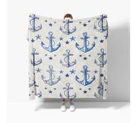 Flannel Fleece Throw Blanket Single 130x150cm, Nautical Anchor Print Soft Fluffy Sofa Blanket for Kids Girls Boys, Blue And White Warm and Lightweight Bed Blankets for All Season