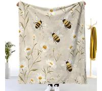 Flannel Fleece Throw Blanket Single 130x150cm, Soft Fluffy Cartoon Bee Daisy Print Sofa Blanket for All Season, Warm Lightweight Blankets for Bed, Beige Blanket for Women Mens Kids