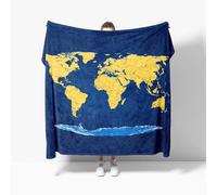 Flannel Fleece Throw Blanket Small Double 150x200cm, Yellow World Map Soft Fluffy Sofa Blanket for Adults Kids, Blue Warm and Lightweight Bed Blankets for All Season