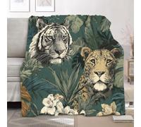 Flannel Fleece Throw Blanket Small Single 100x130cm, Painted Tiger And Cheetah Soft Fluffy Sofa Blanket for Kids Girls Boys, Green Warm and Lightweight Bed Blankets for All Season