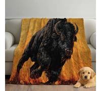 Flannel Fleece Throw Blanket - Soft & Warm, Lightweight Microfibre Low-Pile Plush, All-Season Throw for Bed, Sofa & Couch, 59 x 71 in (150 x 180 cm), Orange, Animal Cow Flames