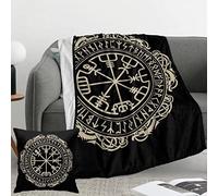 Flannel Fleece Throw Blanket, Viking Design Magical Runic Compass Bed Blankets, Lightweight Cozy Throw Blanket with 18x18 Inch Pillowcase for Sofa Couch Bedroom All Season 80x60 Inch