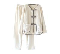 Flannel Pajamas Set for Women UK Fleece Warm Pjs Set Fluffy Button Down Tops Pants Fuzzy Lounge Set Matching Sleepwear Sherpa Winter Pjs Thickened Plushed Loungewear Faux Fur Teddy Nightwear White