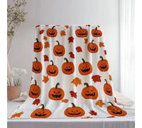 Flannel Print Blanket 127 x 152 cm, Soft Cozy Warm Cartoon Halloween Pumpkin Pattern Plush Blanket for Couch Travel Chairs Bed - White Printed Bedding Blanket