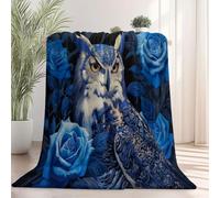 Flannel Throw Blanket 130×150 cm, Close-Up Rose Owl Animals Printed, Dark Blue Soft Fluffy Blanket for Bedroom Living Rooms Office, Great Gift for Christmas/Thanksgiving