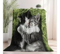 Flannel Throw Blanket 150×200 cm, Close-Up Cute Kitten Animals Printed, Green Soft Fluffy Blanket for Bedroom Living Rooms Office, Great Gift for Christmas/Thanksgiving
