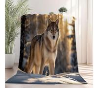 Flannel Throw Blanket 150×200 cm, Close-Up Wolf Snow Animals Printed, Black Soft Fluffy Blanket for Bedroom Living Rooms Office, Great Gift for Christmas/Thanksgiving