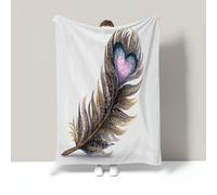 Flannel Throw Blanket 70x100 cm, Feathers Heart-Shaped Print Lightweight Brown Blanket, Cozy Warm Elegant Watercolor Dream All Season Travel Blankets, for Boys Girls Bedroom Living Rooms Sofa Beds