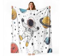 Flannel Throw Blanket All Season 180 x 200 cm, Soft Cozy Hand-Drawn Cartoon Astronaut Pattern Fleece Blanket for Home Couch Chair Bed Sofa, White